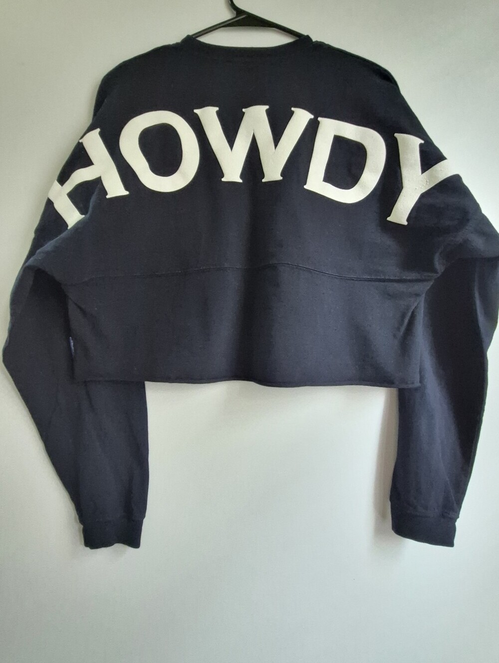 Spirit Jersey Navy Cropped Shirt S Puff Ink HOWDY Texas Cowboy Raw Hem